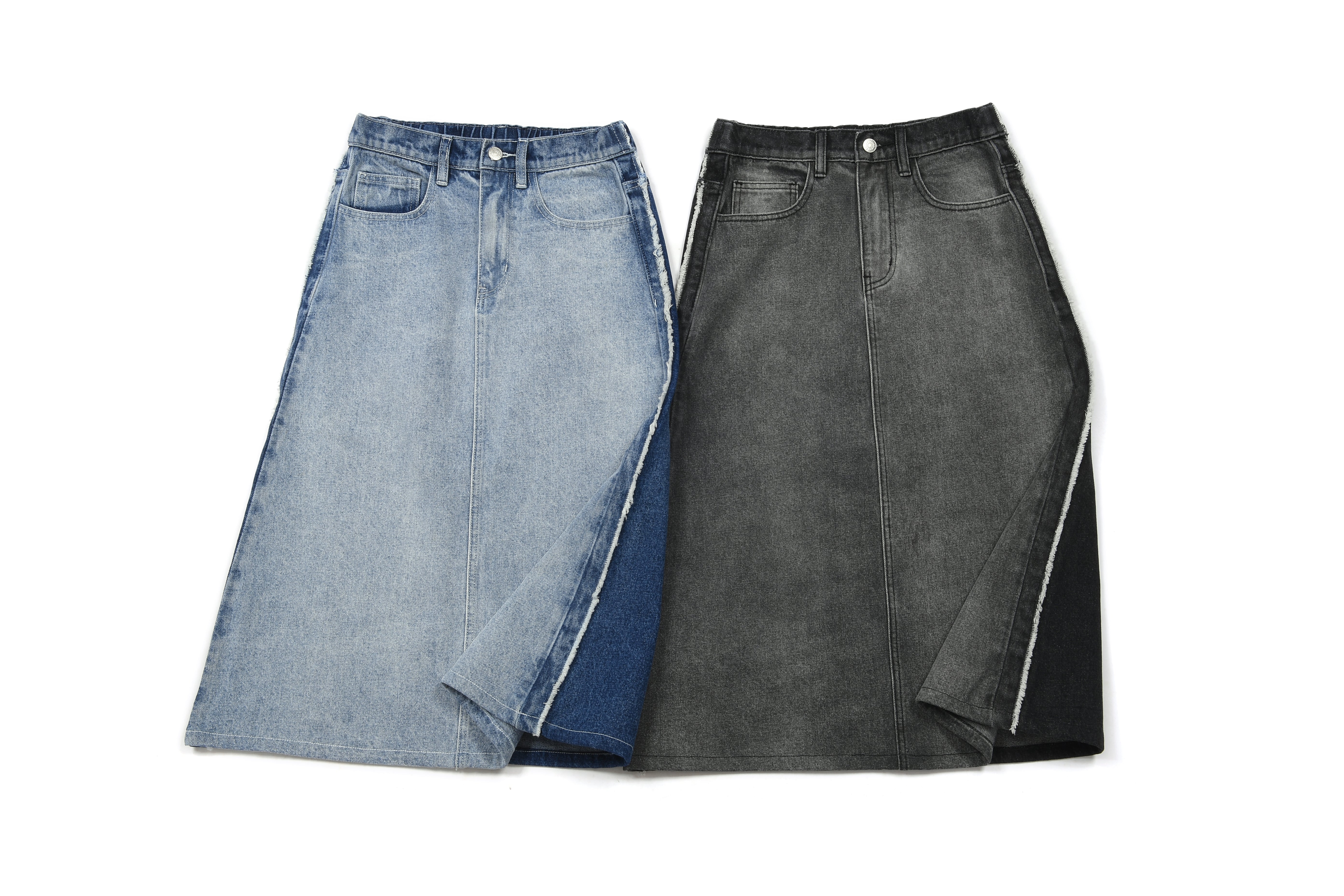 Bicolor Washed Denim Midi Skirt