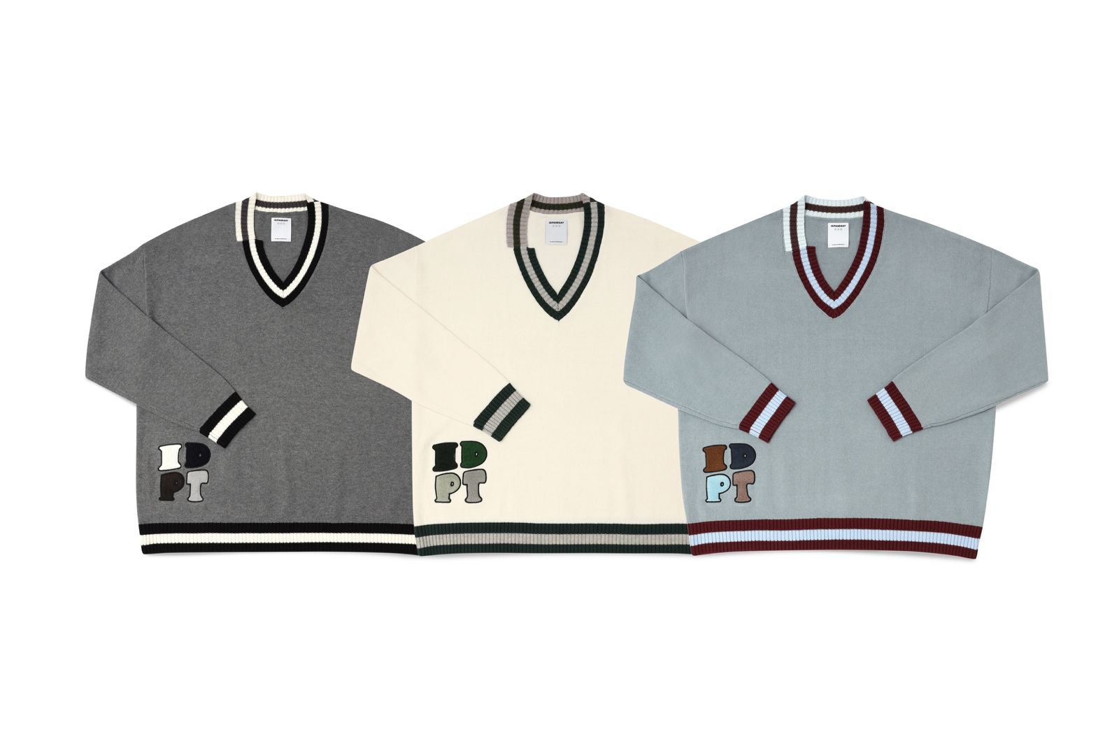 Asymmetric V-Neck Logo Graphic Embroidered Knit Sweater